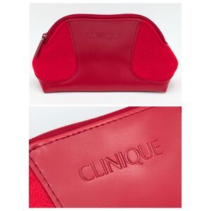 Clinique Two-Tone Red Felted Cosmetic Makeup Bag Small Travel Zip Case Logo